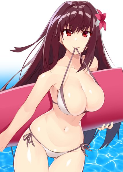 Anime picture 2590x3624 with fate (series) fate/grand order scathach (fate) (all) scathach (fate) shunichi single long hair tall image looking at viewer blush fringe highres breasts light erotic simple background hair between eyes red eyes large breasts standing white background