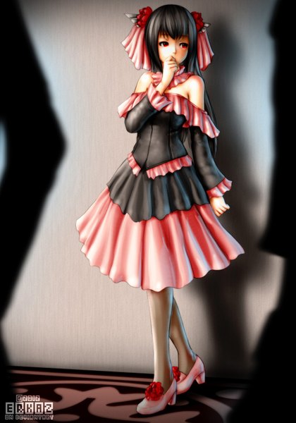 Anime picture 1000x1428 with original yamano yukihana erkaz single long hair tall image black hair red eyes bare shoulders shadow finger to mouth girl dress
