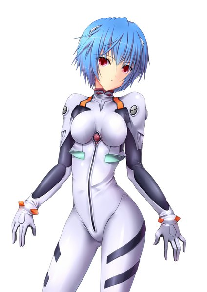 Anime picture 848x1200 with neon genesis evangelion gainax ayanami rei shouyan single tall image looking at viewer short hair light erotic red eyes white background blue hair girl bodysuit