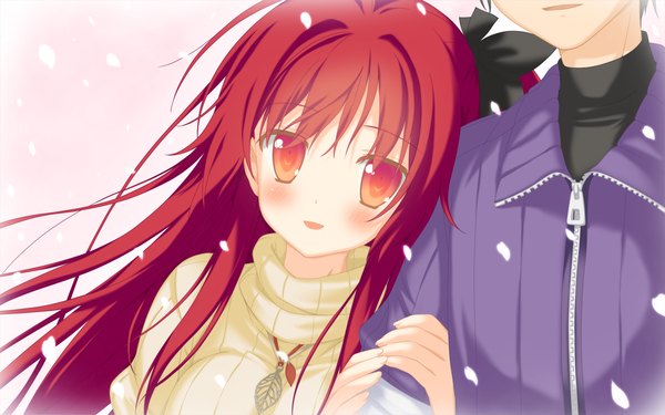 Anime picture 2048x1280 with astralair no shiroki towa tachibana ochiba long hair looking at viewer blush highres open mouth red eyes game cg red hair couple one side up girl boy petals sweater