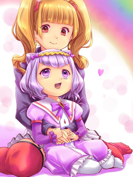 Anime picture 1125x1500 with precure hugtto! precure toei animation ruru amour aisaki emiru ru (artst) long hair tall image blush fringe short hair open mouth simple background red eyes brown hair sitting twintails purple eyes multiple girls purple hair