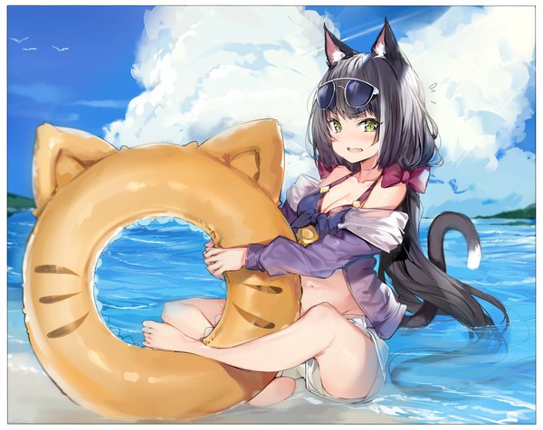 Anime picture 1950x1550 with princess connect! re:dive princess connect! karyl (princess connect!) silver (chenwen) single long hair looking at viewer blush fringe highres breasts open mouth light erotic black hair sitting twintails holding green eyes animal ears payot