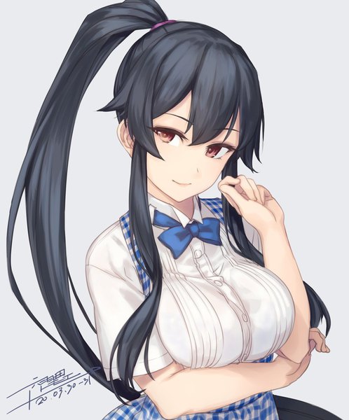 Anime picture 831x1000 with kantai collection yahagi light cruiser rokuwata tomoe single long hair tall image fringe breasts black hair simple background hair between eyes brown eyes signed payot upper body ponytail from above light smile twitter username dated