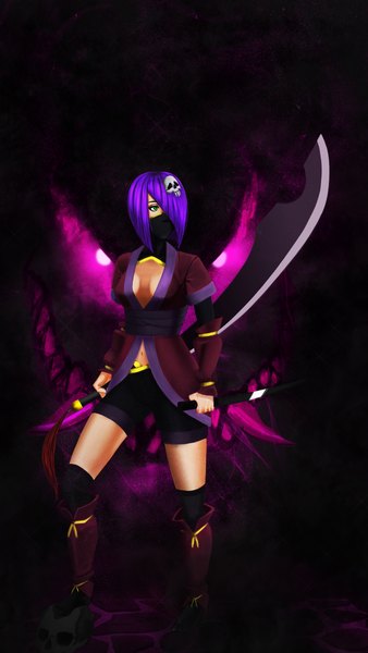 Anime picture 896x1592 with bleach original studio pierrot air monger tall image fringe short hair breasts smile standing green eyes looking away pink hair purple hair full body hair over one eye fang (fangs) dark background demon girl