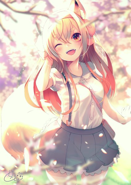 Anime picture 1417x2000 with original chita (ketchup) single long hair tall image looking at viewer blush fringe breasts open mouth blonde hair smile hair between eyes red eyes standing signed animal ears outdoors tail head tilt