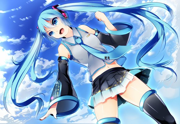 Anime picture 1575x1086 with vocaloid hatsune miku aaru single open mouth twintails sky cloud (clouds) very long hair aqua eyes aqua hair midriff girl skirt navel detached sleeves miniskirt necktie headphones