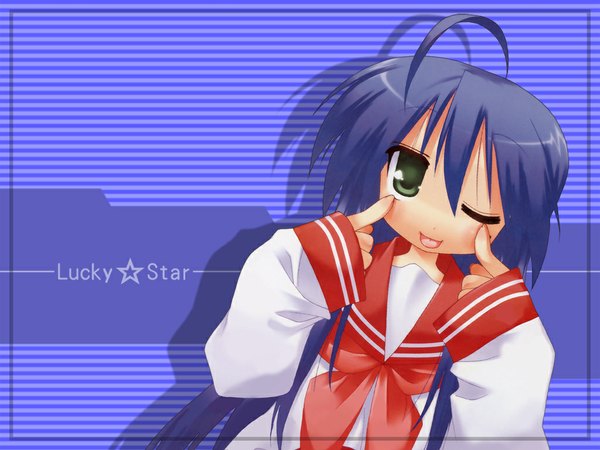 Anime picture 1024x768 with lucky star kyoto animation izumi konata blue background akanbe girl
