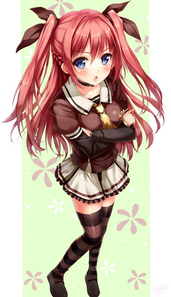 Anime picture 700x1211 with akatsuki no goei nikaidou reika momoko (momopoco) single long hair tall image looking at viewer blush open mouth blue eyes red hair two side up girl thighhighs dress skirt uniform bow hair bow school uniform
