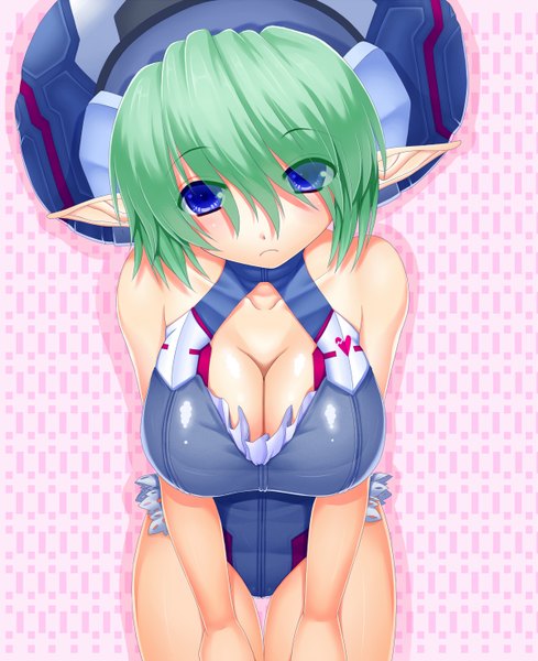 Anime picture 1200x1472 with phantasy star online mel von shiina asamura hiori single tall image looking at viewer short hair breasts blue eyes light erotic large breasts bare shoulders green hair pointy ears girl