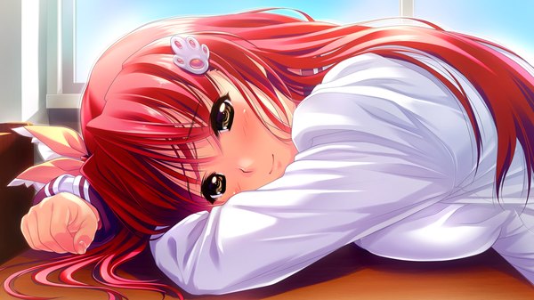 Anime picture 1280x720 with koi mekuri clover kohinata yuuka amasaka takashi long hair blush smile wide image yellow eyes game cg red hair girl hair ornament shirt