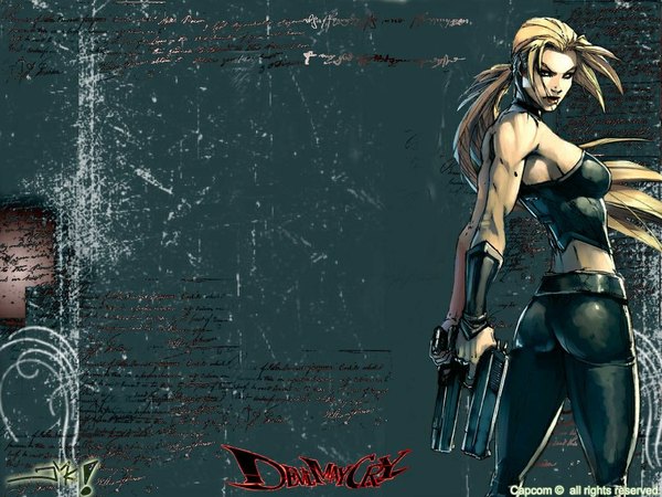Anime picture 1024x768 with devil may cry single long hair breasts light erotic blonde hair large breasts ass tail looking back midriff muscle girl weapon belt armor pistol