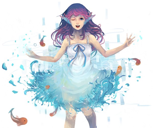 Anime picture 1500x1258 with original yupi single long hair fringe open mouth white background purple hair one eye closed aqua eyes wink happy girl dress ribbon (ribbons) water fish (fishes)