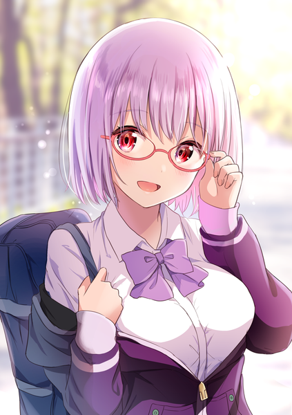 Anime picture 1001x1419 with gridman universe ssss.gridman studio trigger shinjou akane yatomi single tall image looking at viewer blush fringe short hair breasts open mouth smile red eyes purple hair :d sunlight off shoulder depth of field