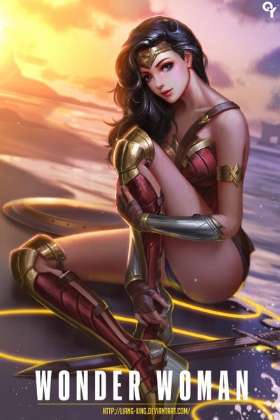 Anime-Bild 1000x1500 mit dc comics wonder woman liang xing single long hair tall image looking at viewer blue eyes light erotic black hair sitting signed sky cloud (clouds) full body bent knee (knees) outdoors realistic wet dutch angle