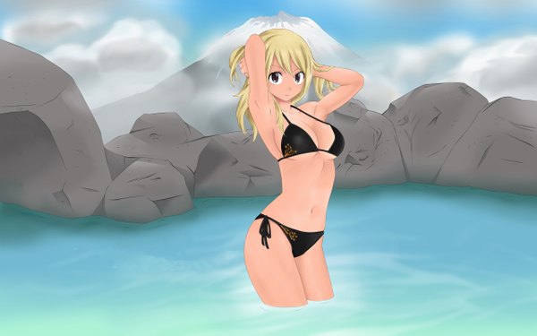 Anime picture 2560x1600 with fairy tail lucy heartfilia single long hair looking at viewer highres breasts light erotic blonde hair wide image brown eyes sky cloud (clouds) black eyes inscription wallpaper mountain arms behind head rock girl