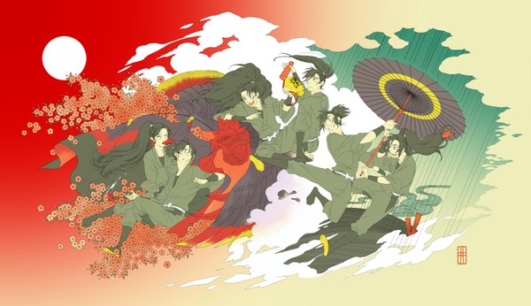 Anime picture 3365x1944 with rakudai ninja rantarou tagme (character) tagme (artist) long hair highres wide image absurdres cloud (clouds) ponytail group boy umbrella oriental umbrella ninja