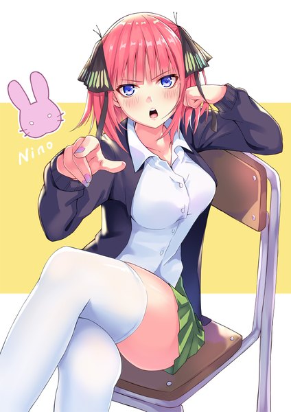 Anime picture 1500x2121 with go-toubun no hanayome nakano nino da-cart single tall image looking at viewer blush fringe short hair open mouth blue eyes simple background sitting pink hair blunt bangs nail polish pleated skirt open clothes teeth :o
