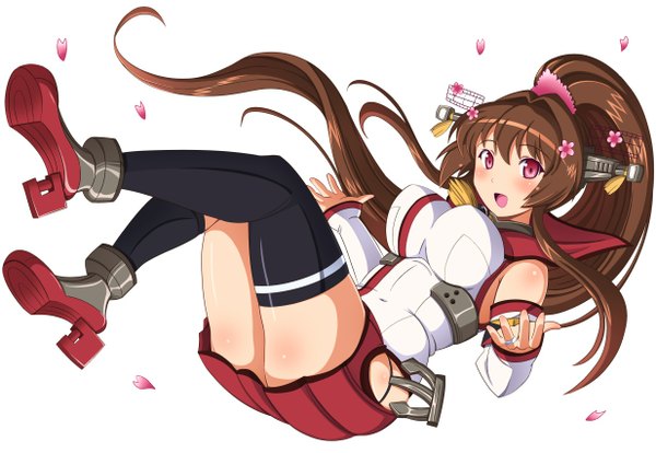 Anime picture 1234x852 with kantai collection yamato super battleship shin'en (gyokuro company) single long hair blush breasts open mouth light erotic simple background brown hair large breasts white background ponytail pink eyes hair flower girl thighhighs skirt hair ornament