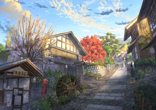 Anime picture 1920x1357 with original niko p single long hair highres brown hair signed sky cloud (clouds) full body outdoors arm up landscape scenic bare tree alley girl plant (plants) animal tree (trees)