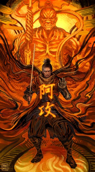 Anime picture 1130x2048 with sekiro: shadows die twice from software sekiro anniechromes single tall image looking at viewer short hair black hair standing holding signed full body hieroglyph boy weapon sword katana