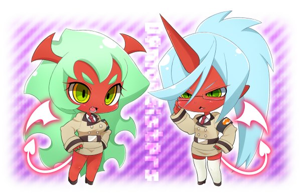 Anime picture 1200x771 with panty & stocking with garterbelt kneesocks (character) scanty long hair open mouth multiple girls green eyes blue hair horn (horns) green hair chibi red skin girl thighhighs 2 girls glasses suit