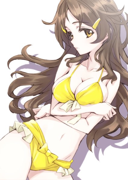 Anime picture 850x1200 with vividred operation shinomiya himawari matsuryuu single long hair tall image looking at viewer blush breasts light erotic simple background brown hair white background bare shoulders brown eyes bare belly shadow girl navel hair ornament