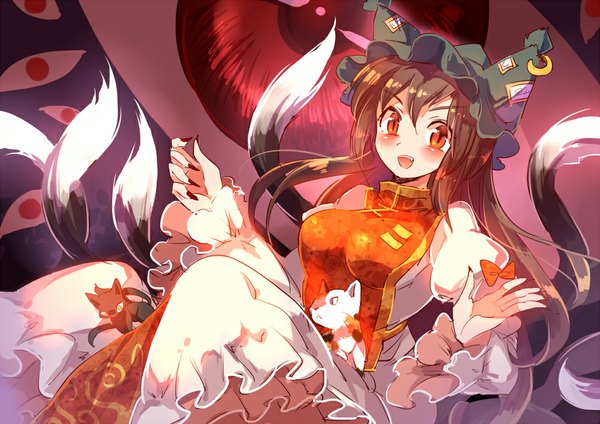 Anime picture 1000x707 with touhou chen yetworldview kaze single long hair looking at viewer blush open mouth brown hair tail nail polish animal tail fingernails cat tail alternate hairstyle long fingernails multiple tails parody eyes alternate hair length