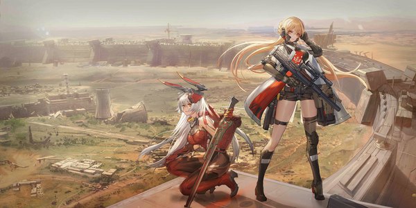 Anime picture 2048x1024 with girls frontline girls' frontline 2: exilium ots-14 (girls frontline) charolic (girls' frontline 2) long hair looking at viewer fringe highres breasts open mouth blonde hair hair between eyes wide image large breasts standing multiple girls holding brown eyes animal ears yellow eyes