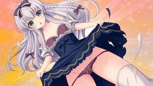Anime picture 1280x720 with kessen! long hair open mouth blue eyes light erotic wide image game cg silver hair braid (braids) twin braids torn clothes panty pull dress lift girl dress underwear panties bow hair bow