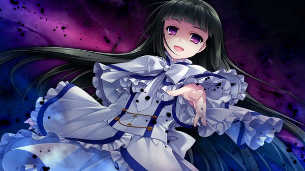 Anime picture 1920x1080 with hello lady akatsuki-works otonashi saku single long hair looking at viewer highres open mouth black hair wide image purple eyes game cg girl dress