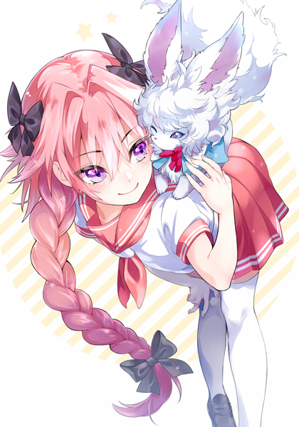 Anime picture 700x1000 with fate (series) fate/grand order fate/apocrypha astolfo (fate) fou (fate) gen (gen m gen) single long hair tall image blush fringe smile hair between eyes purple eyes looking away pink hair braid (braids) from above fang (fangs) leaning