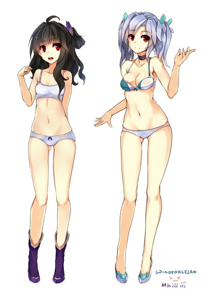 Anime picture 723x1000 with original windforcelan long hair tall image breasts light erotic black hair simple background smile red eyes white background multiple girls looking away silver hair bare belly legs underwear only girl navel underwear