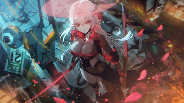 Anime picture 2000x1125 with goddess of victory: nikke scarlet (nikke) scarlet (black shadow) (nikke) choney single long hair looking at viewer fringe highres breasts light erotic hair between eyes red eyes wide image large breasts standing holding pink hair from above girl