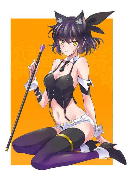 Anime picture 1180x1600 with rwby rooster teeth blake belladonna iesupa single tall image looking at viewer short hair breasts light erotic black hair simple background smile sitting animal ears yellow eyes cleavage full body cat ears short sleeves