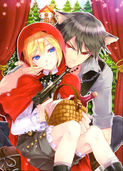 Anime picture 4091x5701 with little red riding hood little red riding hood (character) big bad wolf kasukabe akira tall image highres short hair blue eyes black hair blonde hair red eyes animal ears absurdres scan girl boy weapon gun