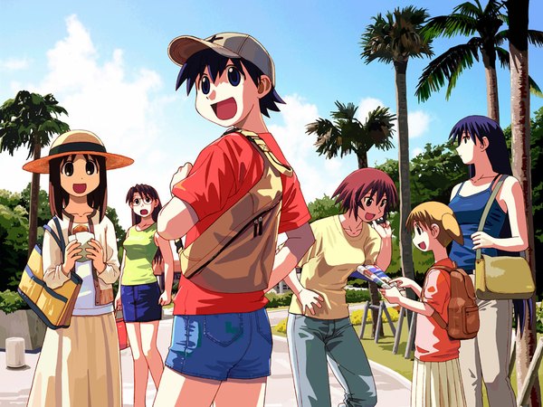 Anime picture 1024x768 with azumanga daioh j.c. staff kasuga ayumu mihama chiyo takino tomo sakaki kagura (azumanga) mizuhara koyomi azuma kiyohiko twintails scan short twintails jpeg artifacts denim girl hat shorts bag denim shorts