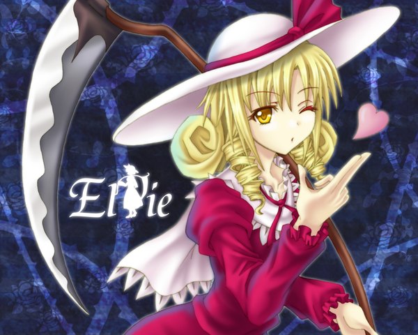 Anime picture 1280x1024 with touhou bad apple!! elly (touhou) amou yuu single looking at viewer short hair blonde hair yellow eyes upper body one eye closed wink character names drill hair weapon over shoulder blown kiss girl dress weapon hat