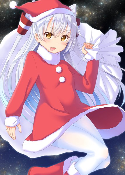 Anime picture 1300x1818 with kantai collection amatsukaze destroyer gurande (g-size) single long hair tall image looking at viewer fringe open mouth hair between eyes yellow eyes sky silver hair bent knee (knees) long sleeves :d night two side up night sky fur trim