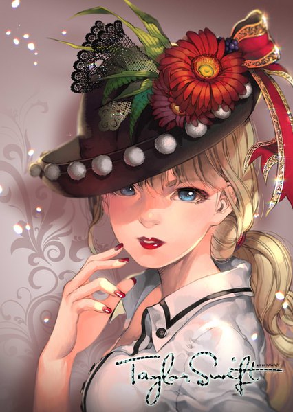 Anime picture 908x1280 with real life taylor swift kawacy single long hair tall image looking at viewer open mouth blue eyes blonde hair ponytail nail polish lipstick floral print open collar red lipstick red nail polish girl flower (flowers) ribbon (ribbons)