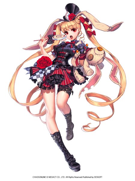 Anime picture 899x1200 with chaos online love cacao single tall image looking at viewer open mouth blonde hair red eyes twintails animal ears very long hair bunny ears girl dress food boots belt headdress sweets black dress