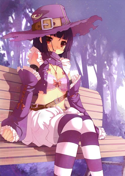 Anime picture 1061x1500 with original spirtie single tall image short hair red eyes sitting purple hair torn clothes girl thighhighs hat detached sleeves belt striped thighhighs bikini top bench