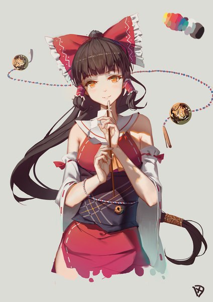 Anime picture 570x806 with touhou hakurei reimu soulkiller (brz) single long hair tall image looking at viewer fringe simple background brown hair bare shoulders upper body ponytail blunt bangs traditional clothes head tilt japanese clothes light smile orange hair grey background