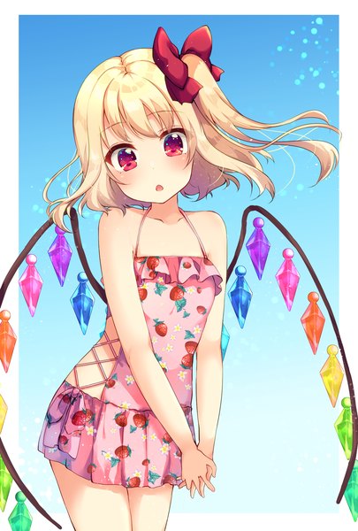Anime picture 1378x2039 with touhou flandre scarlet suzu (minagi) single tall image looking at viewer short hair open mouth light erotic blonde hair red eyes bare shoulders sky head tilt one side up hands clasped interlocked fingers food print strawberry print girl
