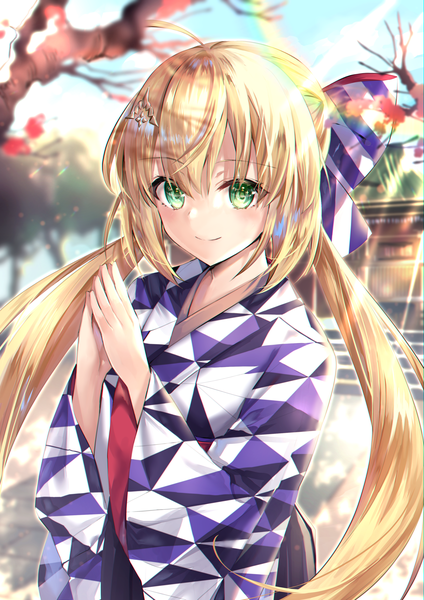 Anime picture 2895x4093 with fate (series) fate/grand order artoria pendragon (all) artoria caster (fate) hane yuki single long hair tall image fringe highres blonde hair smile hair between eyes twintails green eyes upper body ahoge outdoors traditional clothes japanese clothes