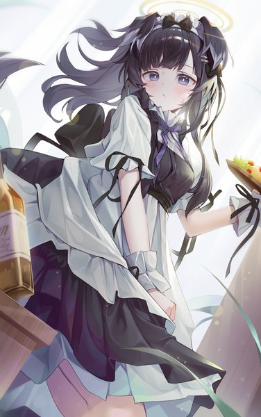 Anime picture 2392x3815 with blue archive hibiki (blue archive) netisz single long hair tall image fringe highres blue eyes black hair animal ears from below alternate costume waitress girl ribbon (ribbons) halo bottle