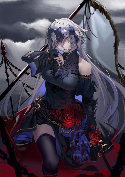 Anime-Bild 4961x7016 mit fate (series) fate/grand order jeanne d'arc (fate) (all) jeanne d'arc alter (fate) jeanne d'arc alter (avenger) (third ascension) (fate) hiro (hirohiro gorira) single long hair tall image looking at viewer fringe highres breasts hair between eyes bare shoulders yellow eyes absurdres silver hair cloud (clouds) outdoors