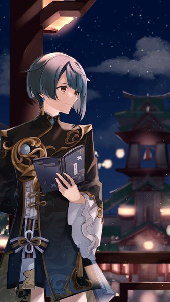 Anime picture 1800x3200 with genshin impact xingqiu (genshin impact) hatuki 82 single tall image fringe highres short hair smile standing yellow eyes blue hair night turning head architecture east asian architecture boy earrings book (books)