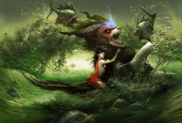 Anime picture 1600x1086 with original tagme (artist) long hair breasts light erotic black hair green eyes teeth sharp teeth green background girl animal water fish (fishes)