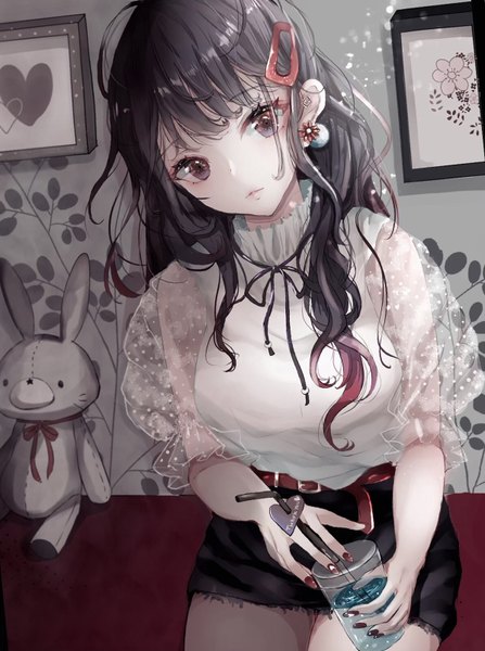 Anime picture 1196x1606 with original sakura mochiko single long hair tall image looking at viewer blush fringe breasts black hair hair between eyes sitting holding brown eyes indoors nail polish head tilt multicolored hair fingernails two-tone hair