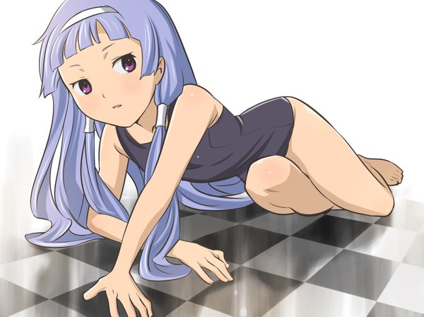 Anime picture 1500x1121 with kannagi nagi (kannagi) hino kahoru single long hair blush red eyes purple hair reclining checkered floor girl swimsuit hairband one-piece swimsuit school swimsuit